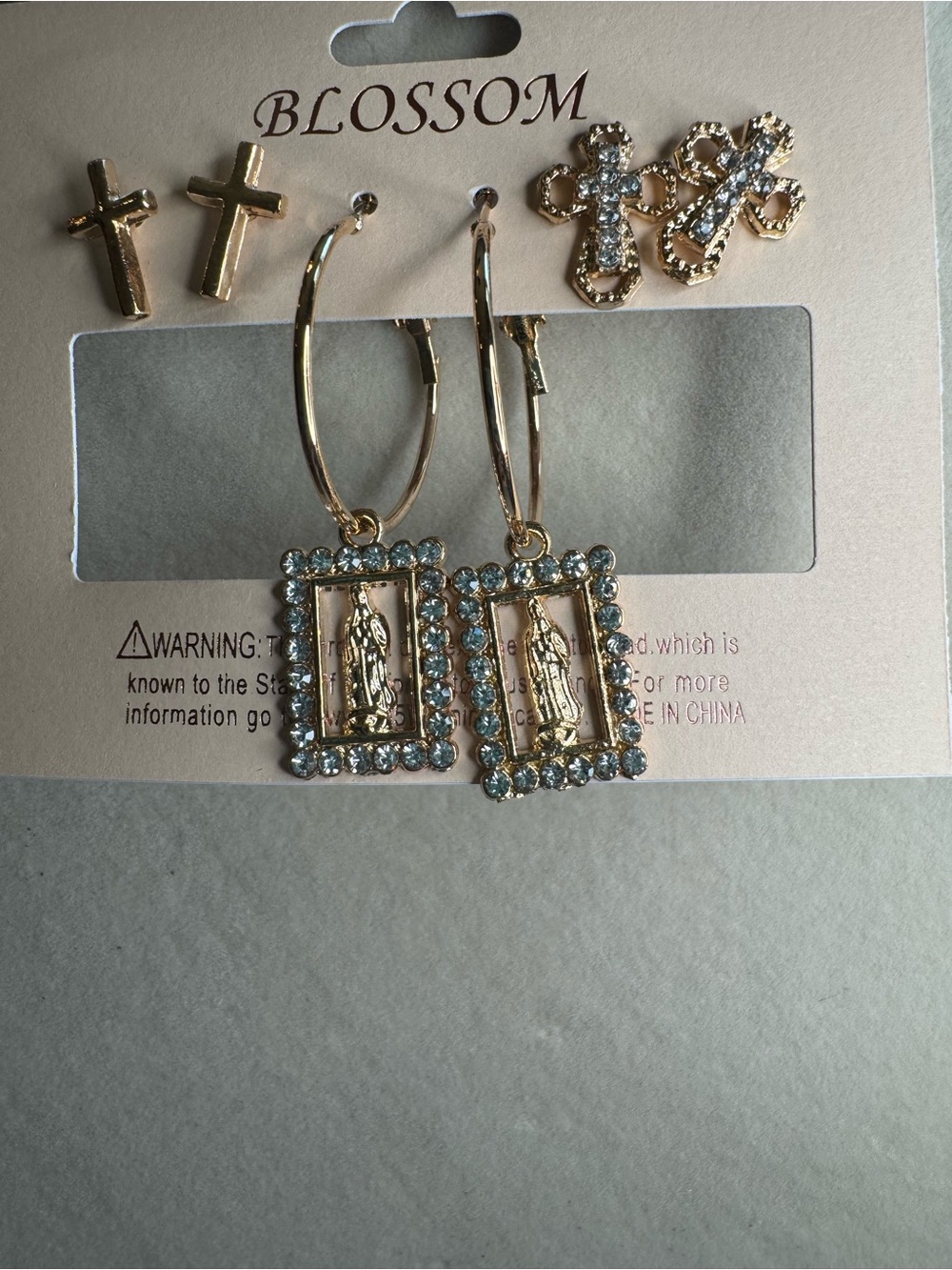 NWT Blossom 3pk Gold Religious Frame Hoop Earrings with Crystal Accents